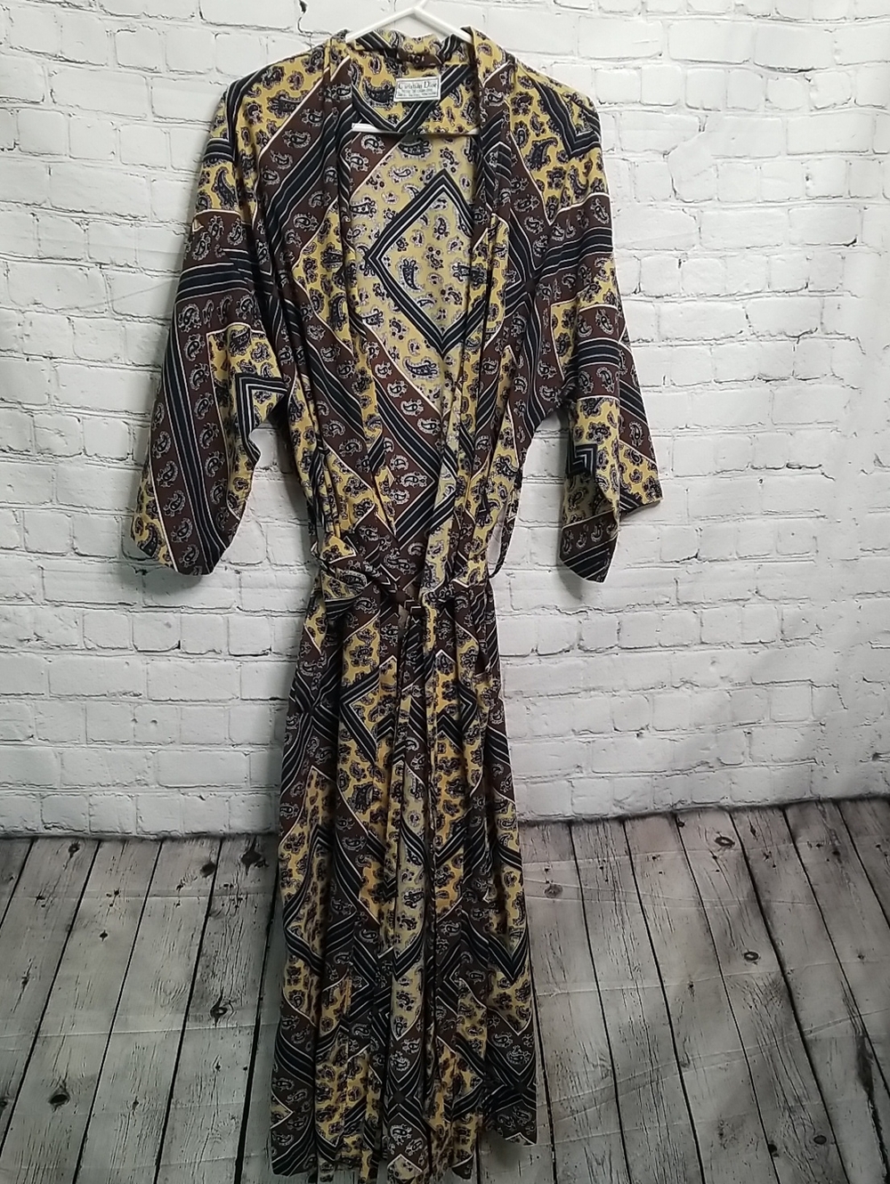 Mens Christian Dior Chambray bath robe black/tan/brown Paisley two pockets GUC